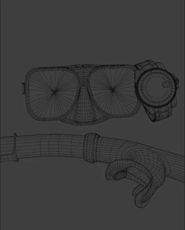 Modello 3D in wireframe di maschera, boccaglio e orologio